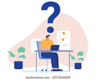 Man with question at work - Person sitting at desk with computer alone with big question mark above head. Clueless and unknown work task concept in flat design vector illustration on white background