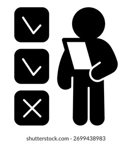 Homem com folha questionária e marcas de verificação ícone sólido, conceito de pesquisa de viajante. Gráficos vetoriais. Sinal de viajante e lista de verificação no fundo branco, ícone de estilo de glifo para design móvel ou web