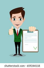 man with a questionnaire . good exam results paper sheet , quiz form idea, interview assessment illustration