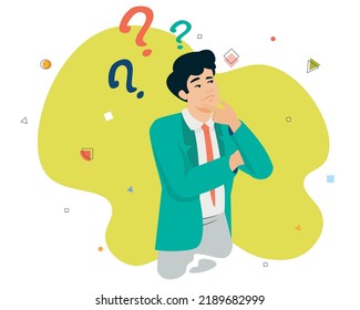 Man and questions sign. Design of thinking man who have solution, Worker making choice, Person in trouble