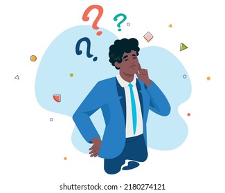 Man and questions sign. Thinking man have idea. Design solution, Worker making choice, Person in trouble