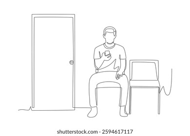 Man queuing at clinic while playing with smartphone. Waiting in the clinic waiting room concept one-line drawing