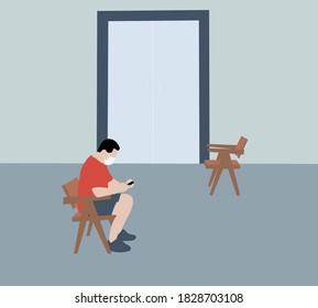 Man queuing for doctor with face mask and using his smart phone in waiting room of a hospital .Covid 19 Virus Prevention And Medical Treatment Concept.
