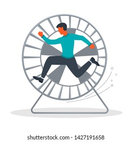 The man quickly runs in the wheel for the hamster. Vector illustration.