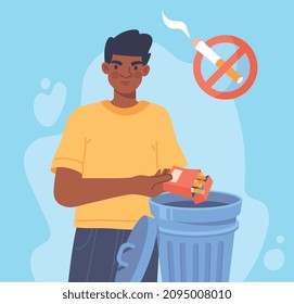 Man quit smoking. Character throws cigarettes into trash can. Person refuses negative habits. Self victory, self improvement, city street, garbage, healthy lifestyle. Cartoon flat vector illustration