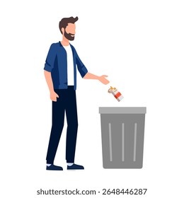O homem parou de fumar. Um estilo de vida saudável, as pessoas se livram de maus hábitos. Cuidar da sua saúde, é prejudicial aos cigarros. Cara e garota jogam lixo. Ilustração de vetor plano de desenhos animados