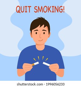 Man quit smoking for healthy lungs concept vector illustration. Guy breaking cigarette in flat design.