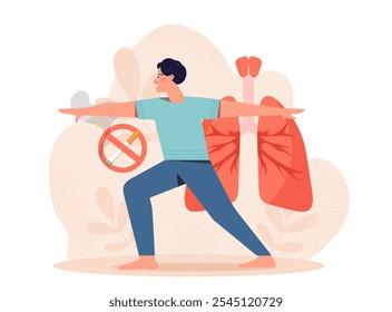 Hombre que deja de fumar. Joven hace yoga contra el fondo de los pulmones. Estilo de vida saludable y lucha contra los malos hábitos. Persona que deja el tabaco y los productos de nicotina. Ilustración vectorial plana