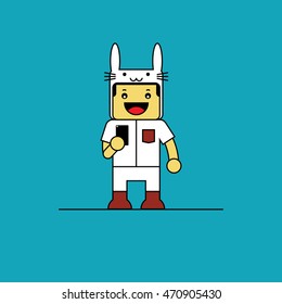 Man in rabbit costume playing mobile phone.