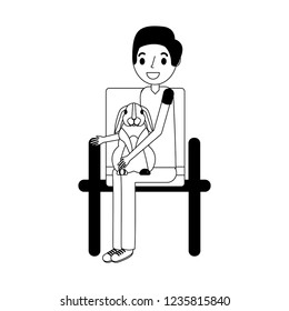 man with rabbit sitting on chair