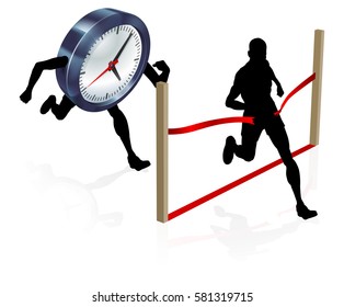 A man racing against a clock character beating it to the finish line and winning the race