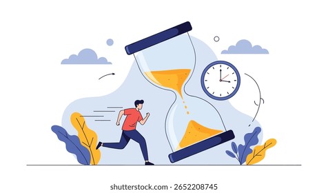 Man racing against giant hourglass with sand falling and clock in the background illustrating time management concept