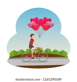 man in racing bicycle and balloons air on the road