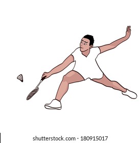 The man with a racket and a shuttlecock on a white background