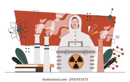 Hombre con radiación. Joven con uniforme de protección con estación nuclear. Evaluación del nivel de radiación. Seguridad y control. Ilustración plana del vector de la historieta aislada sobre fondo blanco