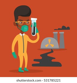 Man in radiation protective suit standing on the background of nuclear power plant. African-american man in radiation protective suit holding test-tube. Vector flat design illustration. Square layout.