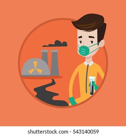 Man in radiation protective suit standing on background of nuclear power plant. Man in radiation protective suit holding test-tube. Vector flat design illustration in the circle isolated on background