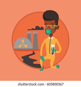 Man in radiation protective suit standing on background of nuclear power plant. Man in radiation protective suit holding test-tube. Vector flat design illustration in the circle isolated on background