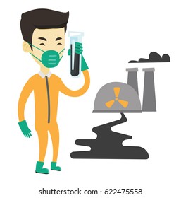 Man in radiation protective suit standing on the background of nuclear power plant. Man in radiation protective suit holding test-tube. Vector flat design illustration isolated on white background.