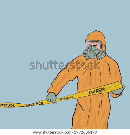 Man in radioactive suit pulling danger tapes.