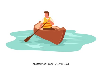 Man rafting in canoe on lake in life jacket. Isolated cartoon male sitting in boat, holding paddle and enjoying summer adventure. Vector illustration on white background.