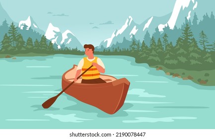 Man rafting in canoe on lake, snowy mountains and coniferous forest on background. Cartoon male sitting in boat, holding paddle and enjoying summer adventure. Vector illustration. Beautiful scenery