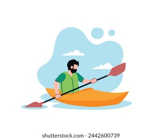 Man rafting in canoe on water, simple blue sky background. Cartoon male sitting in boat, holding paddle and enjoying summer adventure concepts. Vector illustration. Beautiful scenery