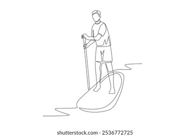 Man rafting down river in kayak. River trekking concept one-line drawing