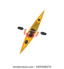 Man Rafting in Kayak, Kayaking Water Sport, Outdoor Activities in Summertime, Top View Vector Illustration