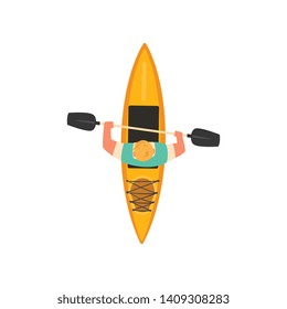 Man Rafting in Kayak in Sea or River, Kayaking Water Sport, Outdoor Activities in Summertime, Top View Vector Illustration