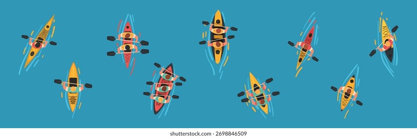 Homem Rafting e Kayaking em barco inflável com sela ou remo acima do vetor da vista conjunto