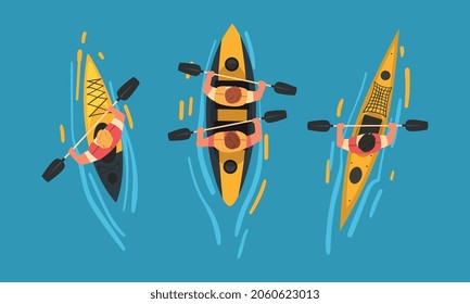 Man Rafting on Inflatable Raft with Paddle or Oar Above View Vector Set