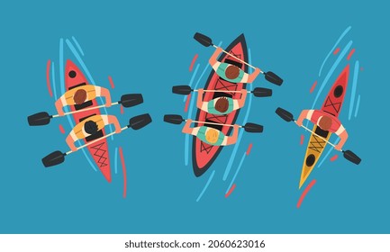 Man Rafting on Inflatable Raft with Paddle or Oar Above View Vector Set