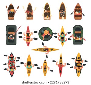 Man Rafting on Inflatable Raft and Wooden Boat with Paddle or Oar Above View Vector Set