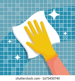 Man with a rag will wipe tiles in the bathroom. Cleanliness and shine are a symbol of hygiene and disinfection. Work at home. Shining surface. Vector illustration flat design. Housekeeping concept.