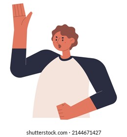 Un hombre con una camiseta de raglan está hablando con una mano levantada. ilustración vectorial de estilo de diseño plano.