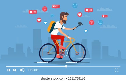 Man raid on bicycles video blogs. Active bloggers character. Vector cartoon illustration EPS10
