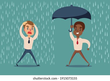 Man in the rain. Businessman go from the rain while another businessman has the umbrella. Vector flat design illustration.