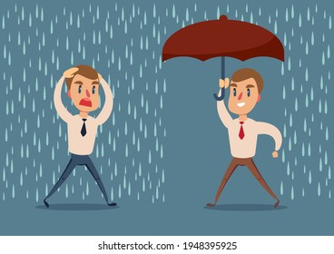 Hombre bajo la lluvia. un hombre de negocios huye de la lluvia mientras otro hombre de negocios tiene el paraguas. Ilustración vectorial plana de material.