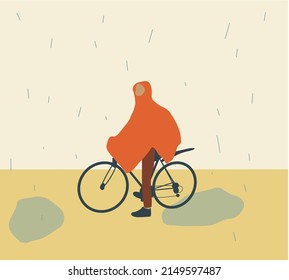 Man in rain coat is sitting on the saddle of a bicycle. Rainy wet weather in autumn, fall seasonal downpours and showers. Cartoon character in flat style vector