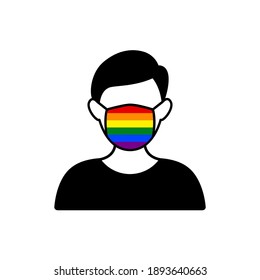 Man with rainbow LGBT flag on medical mask icon avoid COVID-19 coronavirus. Flat style vector. Pride concept.