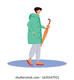 Man in raincoat flat color vector faceless character. Walking caucasian guy. Wet weather. Autumn rainy day. Male with umbrella in hand isolated cartoon illustration on white background