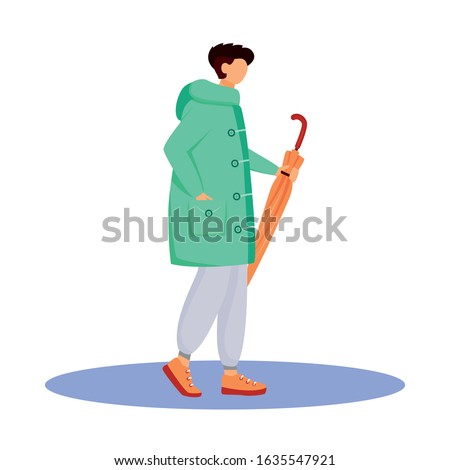 Man in raincoat flat color vector faceless character. Walking caucasian guy. Wet weather. Autumn rainy day. Male with umbrella in hand isolated cartoon illustration on white background