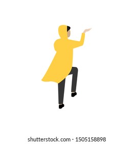 A man in a raincoat in the rain, view from the back. Flat cartoon character isolated on white background