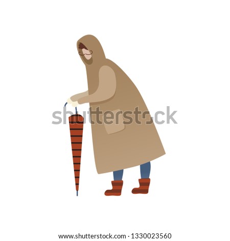 Man in raincoat standing with closed umbrella. Cartoon character with mustache in autumn clothing. Trendy vector design