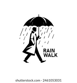 Man in raincoat walking in the rain holding umbrella vector illustration