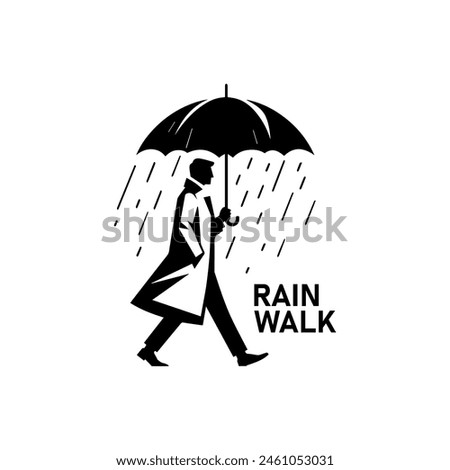 Man in raincoat walking in the rain holding umbrella vector illustration
