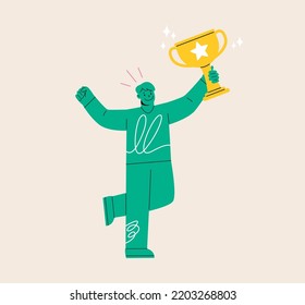 Man raise a winning trophy. Colorful vector illustration
