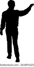 Man with raised arms isolated silhouette front view.
