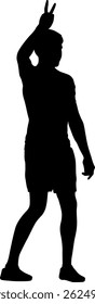 Man with raised arms isolated silhouette front view.